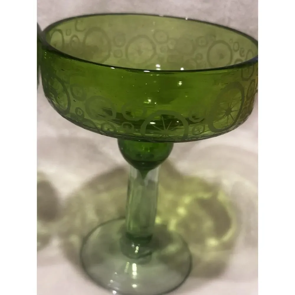 Authentic Mexican Hand Blown Green Margarita Glasses Set of 2 Limes Barware